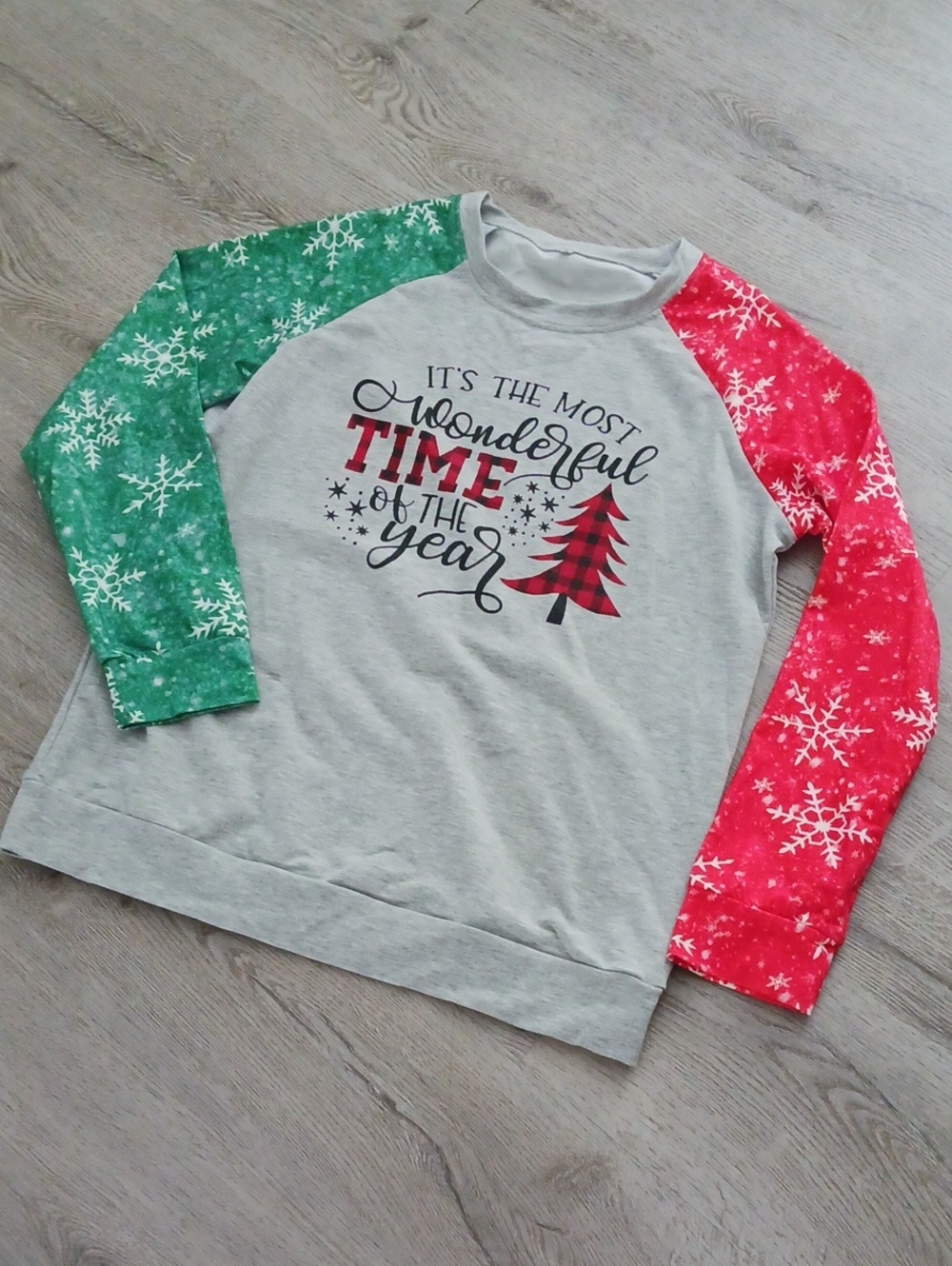 Holiday Christmas Raglan Sweatshirt with Green and Red Snowflake Sleeves